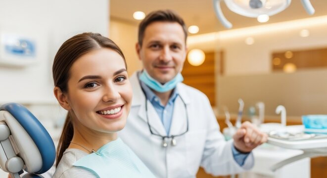 Woman with perfect smile sitting in dental chair. Caucasian patient on regular teeth check up. Dentist consulting female client. Healthy oral care concept.