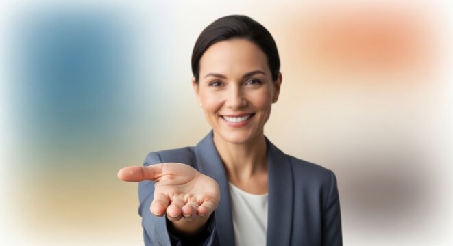 Smiling woman extending hand forward with open palm. Concept of invitation, offering, or welcome. Image for business, assistance. - Powered by Adobe