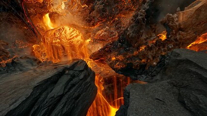 Emerging molten lava pouring over fissure edge into crevice, amid glowing embers and volcanic gas - Powered by Adobe