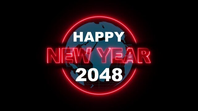 Animated Neon Happy New Year 2048 Text. Happy New Year 2048 - Festive Fireworks Background Greeting Card Banner. exploding, numbers, holidays, anniversary, countdown, happy new year, text, calendar