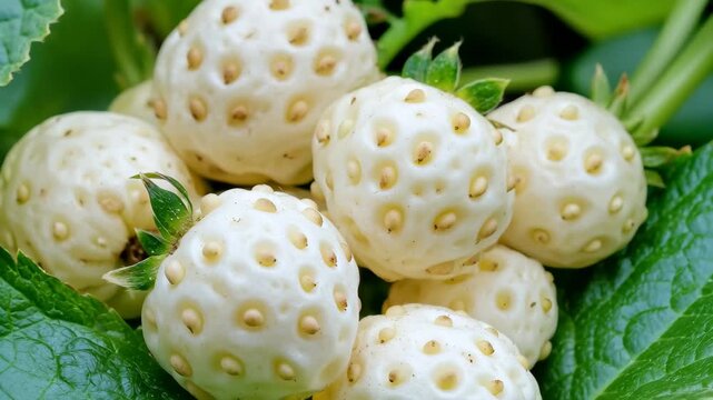 A cluster of unusual white strawberries rests on vibrant green leaves under the bright sunlight, showcasing an intriguing genetic variety in a lush garden environment.