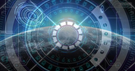 Fototapeta premium Projecting central HUD interface over planet horizon in orbit, with segmented rings and data