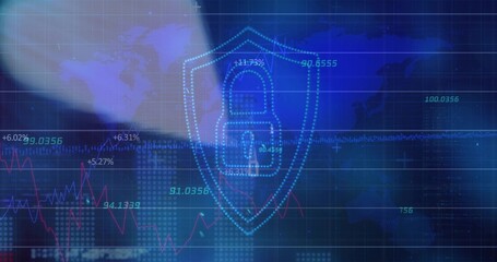 Displaying blue shield holding padlock icon in interface with world map overlay, percentage values