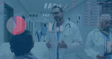 Doctor in coat consulting wheelchair patient in hospital with tablet stethoscope and digital charts