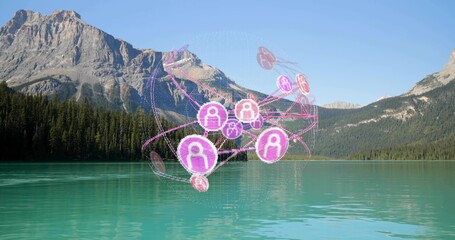 Obraz premium Floating digital network overlay hovering above mountain lake, with pink user icons and link lines