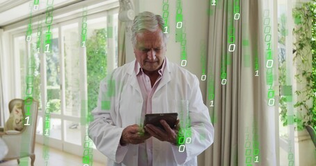 Examining senior male in lab coat holding tablet at home, with cascading green binary overlay
