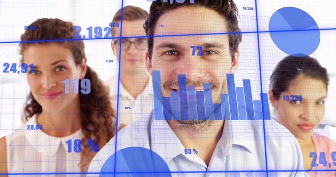 Standing team wearing business attire presenting data in studio, with bar graphs and pie charts