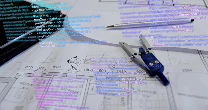 Displaying architectural plan projecting code snippets on office desk, with compass, pencil and pen - Powered by Adobe