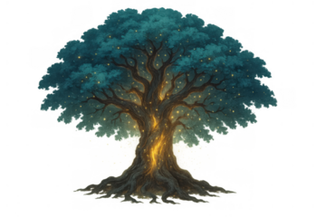 Fantasy tree glowing with golden light and particles, symbolizing magic, life, and nature's energy. Transparent background