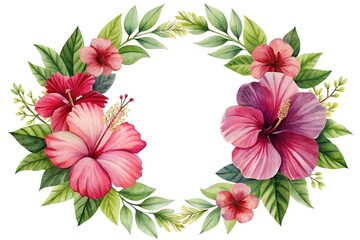 Fototapeta premium Watercolor Hibiscus Flower and Green Leaf Wreath isolated on Transparent Background