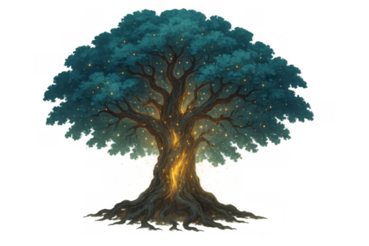Fantasy tree glowing with golden light and particles, symbolizing magic, life, and nature's energy. Transparent background - Powered by Adobe