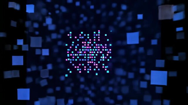 Spawning cyan blue cubes drifting toward magenta grid in dark corridor, forming dispersing vortex