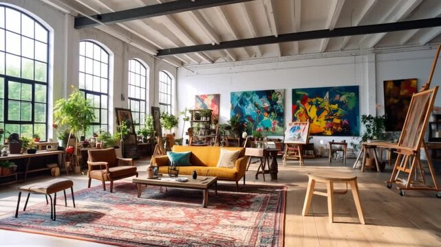 Sunny artist's loft with high arched windows, a large rug, paintings, plants, and simple furnishings