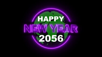 2056 Happy new year 2056 neon animated on rotating globe icon. Glowing Neon Light Happy New Year 2056 Text Reveal. Alpha Channel 