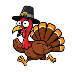 Cartoon Running Thanksgiving Turkey with Pilgrim Hat – Funny Transparent PNG for Holiday Use