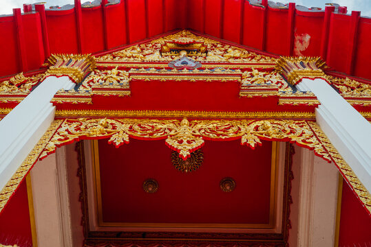 Golden ornamental facade of Wat Chalong Temple, Phuket, Thailand