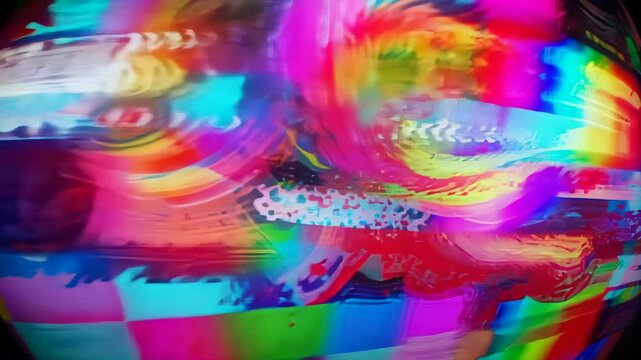 Animating glitch art on screen cycling checkerboard, shifting circular glitches with smeared bands - Powered by Adobe