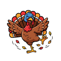 Happy Dancing Thanksgiving Turkey with Colorful Leaves – Fun Cartoon PNG for Autumn Designs