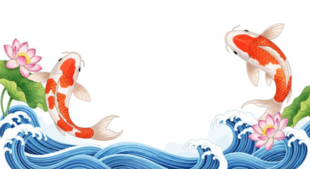 Obraz premium Graceful koi fish swimming among lotus flowers in a stylized watercolor design