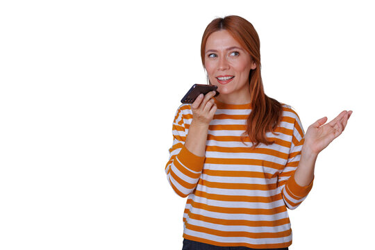 Woman recording voice message on smartphone, using speech recognition, sending audio communication, transparent background