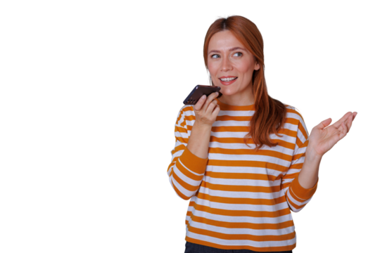 Woman recording voice message on smartphone, using speech recognition, sending audio communication, transparent background