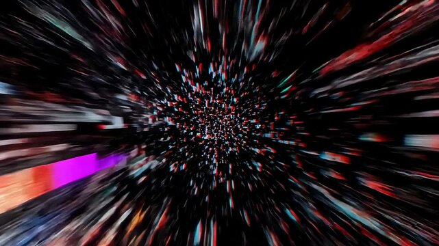 Accelerating camera moving through black void, red white cyan fragments stretching into tunnel