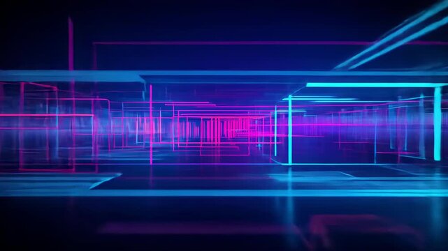 Thin neon wireframes emerging in digital space, forming glowing tunnel and evoking matrix immersion