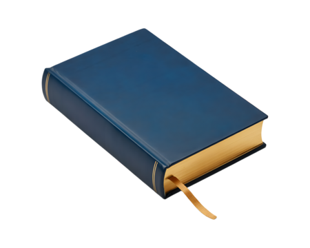 Closed blue hardcover book with gold edges and ribbon marker isolated on transparent background - Powered by Adobe