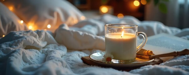 A glass of warm milk with honey and chamomile tea, alongside a book and soft lighting, creating a serene bedtime scene Perfect for relaxation and sleep , peaceful, tranquility