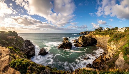 Fototapeta premium Rugged Coastal Cliffs Meet Ocean Waves Under a Dramatic Sunset Sky with Scattered Clouds and Distant Buildings
