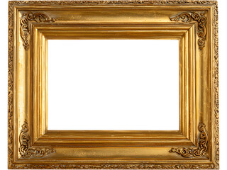 Golden rectangular picture frame isolated on transparent background, ideal for art, poster, or gallery mockups.