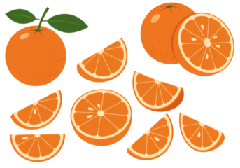 Collection of whole and sliced fresh oranges with green leaves isolated on transparent background