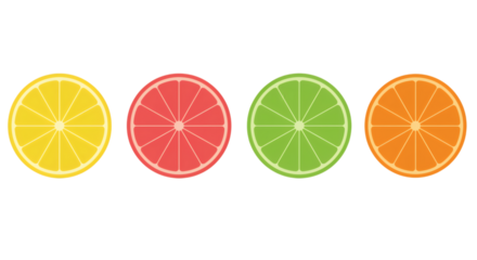 Four vibrant citrus fruit slices including lemon grapefruit lime and orange arranged in a row isolated on transparent background