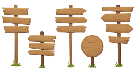 Collection of rustic wooden directional signs and a circular signpost with grass accents isolated on transparent background