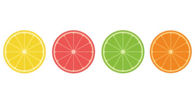 Four vibrant citrus fruit slices including lemon grapefruit lime and orange arranged in a row isolated on transparent background