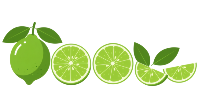 Vibrant green whole lime two cross sections and two wedges with leaves isolated on transparent background