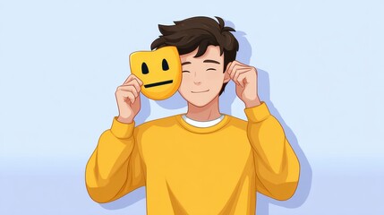 Hiding true self and pretending to be happy due to social pressure and expectations, while in reality feeling unhappy and suffering inside.