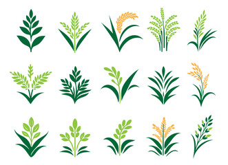 Collection of Rice Grain and Plant Logo Designs – Minimal Organic Agriculture and Farming Vector Icons for Branding, Eco Products, and Food Packaging