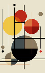 Minimalist geometric abstract art with black and beige circles and vertical lines, modern retro design for background or wall decor.