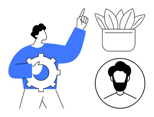 Person holding gear pointing upward, symbolizing innovation and progress. Potted plant signifies growth, while profile icon suggests individuality. Ideal for teamwork, leadership, progress