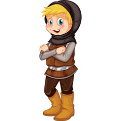 Pixel Art Young Knight Standing Proudly With Arms Crossed Wearing Medieval Brown Tunic Hooded Cowl And Boots On A Transparent Background