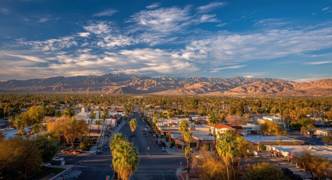 Indio California City Skyline. Late Afternoon Illumination of Southern California City Landscape