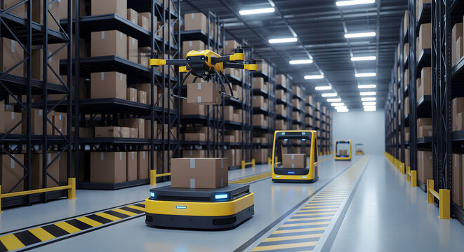 Advanced automated warehouse operations featuring drones and robots efficiently managing inventory, streamlining logistics, and optimizing supply chains for modern businesses.