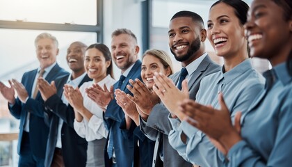 Diverse group of professionals joyfully applauding, showcasing their success and teamwork. Concept for corporate recognition, business achievements and employee appreciation
