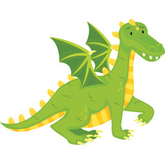 Pixelated Cartoon Green Dragon With Yellow Accents and Wings Walking Forward Full Body Portrait Isolated on White Background