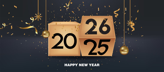 Happy New Year 2026 Transition Design: Golden Dice Changing from 2025 to 2026, surrounded by Realistic Gold Confetti, Streamers, and Holiday Ornaments on a Dark Background for Festive Seasonal Marketi
