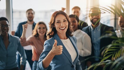 Smiling businesswoman giving thumbs up with diverse team of successful professionals behind her, concept for corporate celebration, leadership coaching and company milestone