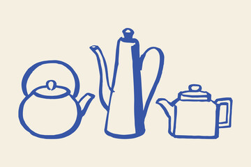 Teapots and coffee pot set, hand-drawn sketch vector