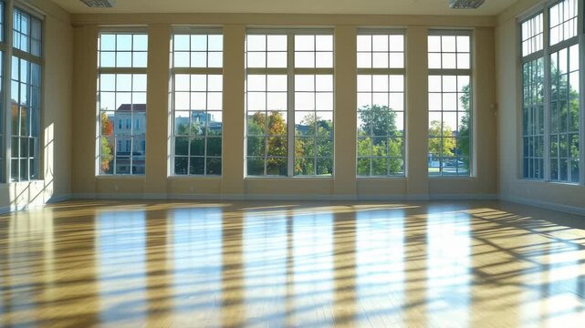 Sunlight streams through expansive windows, illuminating the empty room with polished wooden floors. A serene, inviting atmosphere prevails, hinting at potential activities.