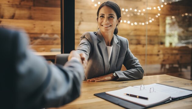 Smiling businesswoman shaking hands with client over wooden table and documents, concept for partnership agreement, business negotiation and job recruitment process